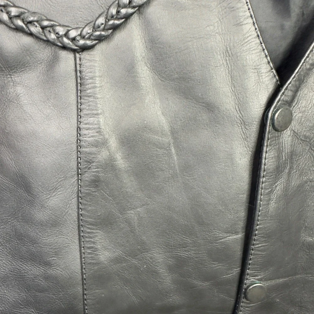 Shaf Leather Vest Mens‎ 56 Black Braided Lace-Up Snap Motorcycle Biker Grunge